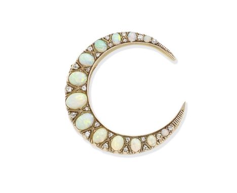 An opal and diamond crescent brooch, circa 1890Set with a graduation of oval opal cabochons and single-cut diamonds, mounted 
