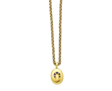 A 19th century longchain and a late 19th century lapis lazuli and pearl locket1st: The textured belcher-link gilt metal chain