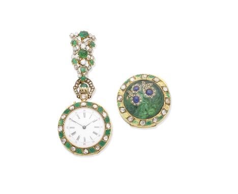 An enamel, emerald and diamond fob watch and an emerald and diamond broochThe circular dial with Roman numerals and subsidiar