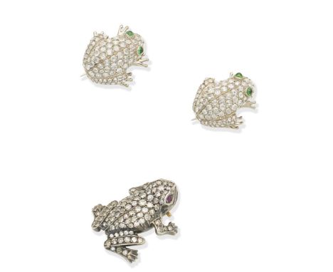 Three gem-set and diamond frog broochesEach realistically modelled as a rose or single-cut diamond frog, with emerald cabocho