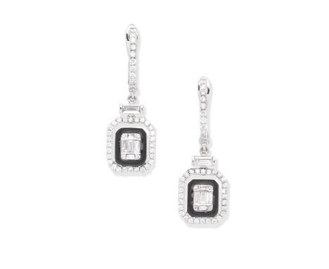 A pair of enamel and diamond earringsEach baguette and brilliant-cut diamond cluster with a black enamel border, within an op