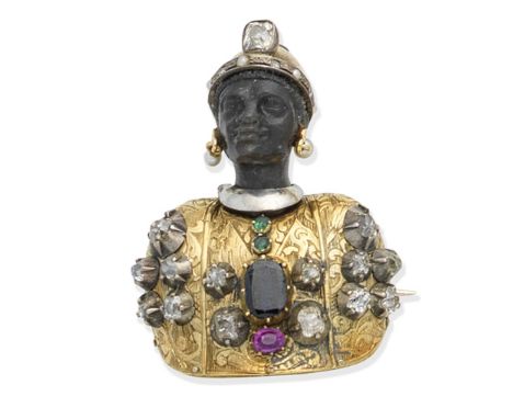 A mid 20th century gem-set moor broochDepicting the bust of a Moor with seed-pearl earrings, the hat accented by cushion-shap