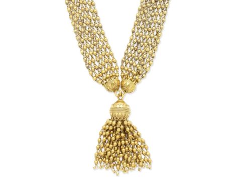A fancy-link tassel necklaceThe eight-strand fancy-link chain formed from a series of polished boules, suspending a large sph