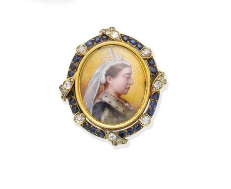 An enamel, sapphire and diamond Royal Order brooch, 1885Set to the centre with the profile of Queen Victoria in polychrome en