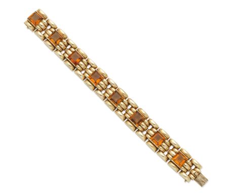 A gold and citrine bracelet, circa 1957Designed as a series of 9 carat yellow gold hemispherical fancy-links, set at interval
