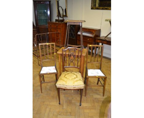 Three Edwardian bedroom chairs, one with conch shell inlaid splat  an early 20th century occasional table with slender barley
