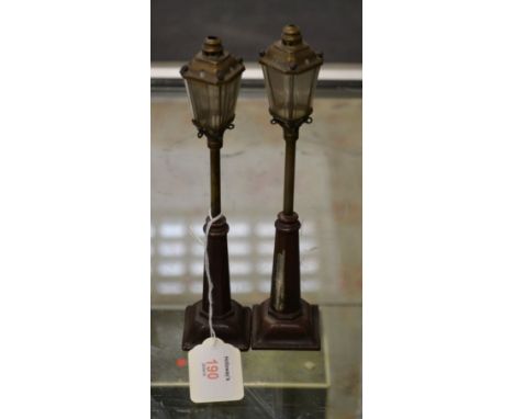 A pair of Victorian brass miniature street light oil lamps