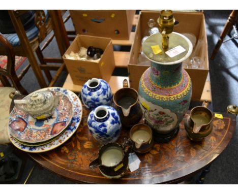 A pair of Japanese porcelain vases, porcelain lamp, Minton dish, etc