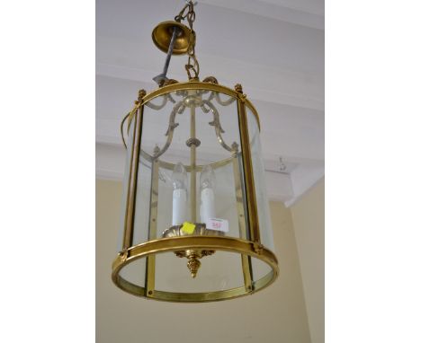 A late George II style four light gilt brass and glass panel cylindrical electrolier, 100 x 30cm diameter