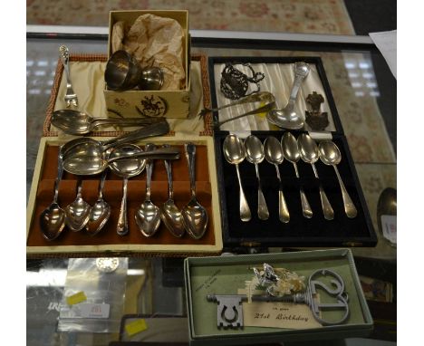 A cased set of silver teaspoons, Sheffield 1924, a Danish souvenir spoon, a pickle fork and a small quantity of silver plate