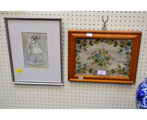 An early 19th century birdseye maple framed floral work, on net tissue with decorative knot work, together with a watercolour