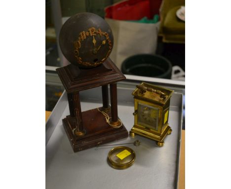 A sphere and portico mantel clock, together with a brass cased carriage timepiece containing a fusee pocket watch movement, n