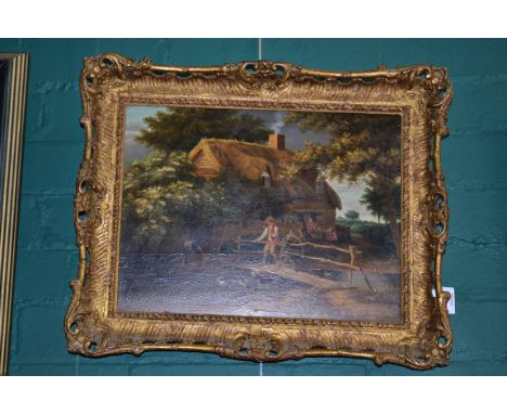 W Kent (19th century British), a harvester on a wooden bridge, with ducks on the water and lady filling a pail, figures, that