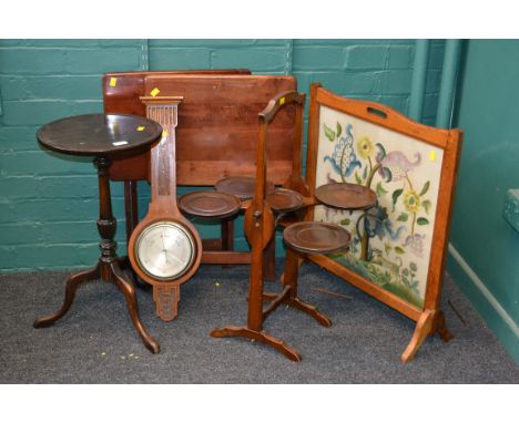 Two folding mahogany occasional tables, a firescreen, a walnut wheel barometer, a 'monoplane' three tier folding cake stand, 