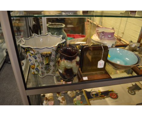 A mixed lot of decorative items, including a French faience jardiniere, a Henley Studio pottery bowl, Sunderland lustre jug, 