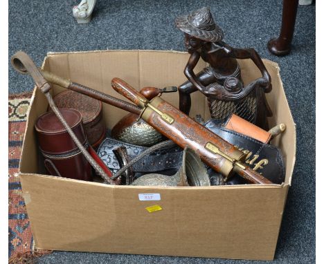 An interesting mixed lot, including riding crop, reproduction leather holster named Frank, Indonesian carved fisherman, hunti