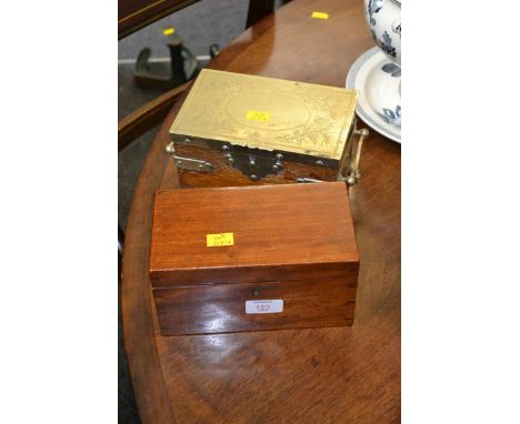 A Victorian silver plated oak two-section tea caddy, with swing handles and ball feet, together with a plain mahogany hinge l