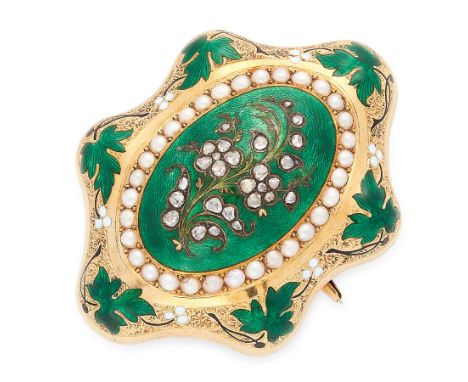 AN ANTIQUE PEARL, DIAMOND AND ENAMEL FORGET ME NOT BROOCH / PENDANT, 19TH CENTURY in high carat yellow gold, the stylised bod