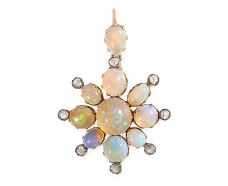 AN ANTIQUE OPAL AND DIAMOND PENDANT, 19TH CENTURY in high carat yellow gold, set with a central opal cabochon within a border