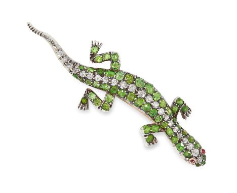 AN ANTIQUE DEMANTOID GARNET, DIAMOND AND RUBY SALAMANDER BROOCH in gold and silver, set with cushion cut demantoid garnets, o