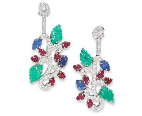 A PAIR OF EMERALD, SAPPHIRE, RUBY AND DIAMOND TUTTI FRUTTI EARRINGS in 18ct white gold, set with round brilliant cut diamonds