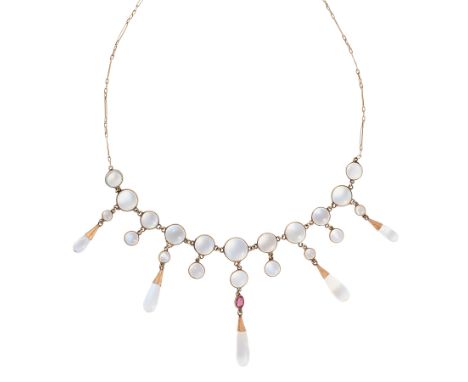 AN ANTIQUE MOONSTONE AND RUBY NECKLACE in yellow gold, comprising a row of round cabochon moonstones, suspending alternating 