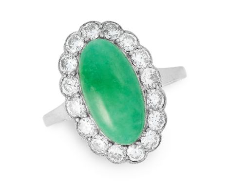 A JADEITE JADE AND DIAMOND RING set with an oval jadeite cabochon of 1.12 carats, within a border of old cut diamonds totalli