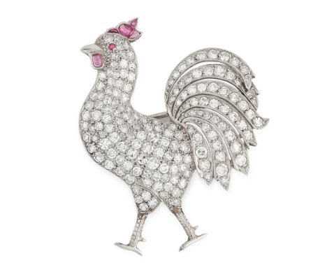 A DIAMOND AND RUBY COCKEREL BROOCH, EARLY 20TH CENTURY designed as a rooster / cockerel, jewelled allover with single cut dia