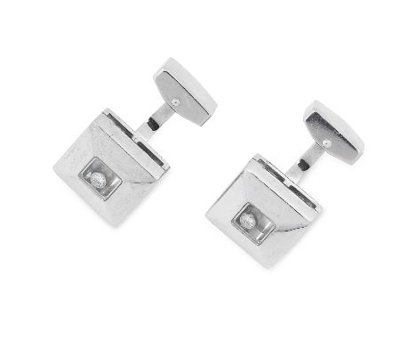 A PAIR OF HAPPY DIAMOND CUFFLINKS, CHOPARD in 18ct white gold, each square face is set with a suspended round cut diamond beh