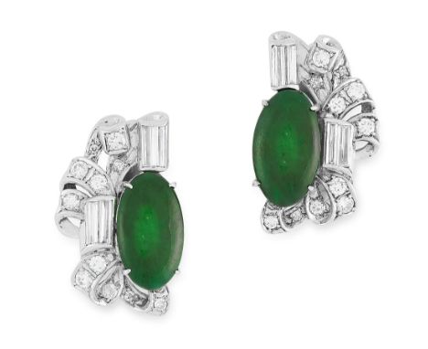 A PAIR OF JADEITE JADE AND DIAMOND CLIP EARRINGS each set with an oval jadeite cabochon of 3.01 and 2.86 carats, accented by 