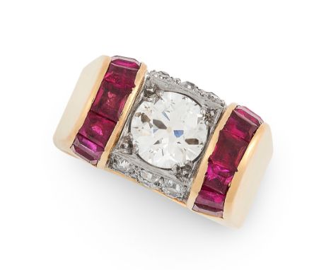 A RETRO DIAMOND AND RUBY RING CIRCA 1945 in 18ct yellow gold, set with an old cut diamond of 1.38 carats between bevelled sho