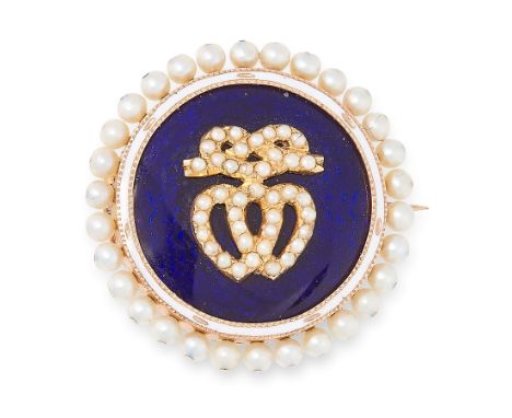 AN ANTIQUE DIAMOND, PEARL AND ENAMEL SWEETHEART BROOCH, 19TH CENTURY in yellow gold and silver, the circular body decorated w