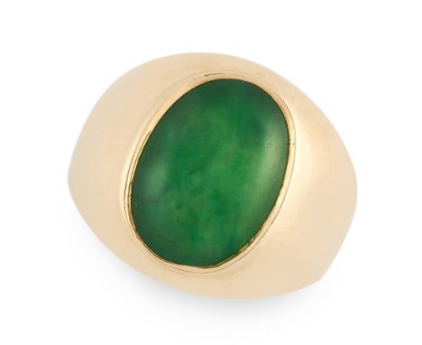 A JADEITE JADE RING in 18ct yellow gold, set with an oval jadeite cabochon of 8.59 carats, full British hallmarks, size Q / 8