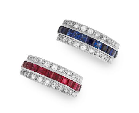 A RUBY, SAPPHIRE AND DIAMOND REVERSIBLE RING designed as a band of half rubies, half sapphires, accented by two articulated b