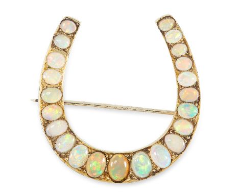 AN ANTIQUE OPAL HORSESHOE BROOCH in yellow gold, designed as a horseshoe, set with graduated oval cabochon opals, unmarked, 4