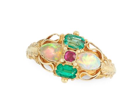 AN ANTIQUE OPAL, EMERALD AND RUBY RING, 19TH CENTURY in high carat yellow gold, set with a cushion cut ruby flanked by pairs 