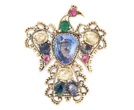 AN ANTIQUE SAPPHIRE, RUBY AND EMERALD BROOCH, EARLY 19TH CENTURY in yellow gold, designed as a bird, set at the centre with a