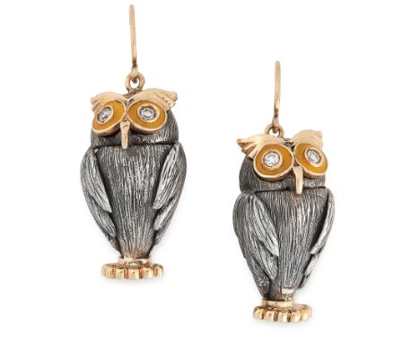 A PAIR OF DIAMOND AND ENAMEL OWL EARRINGS in yellow gold and silver, each designed as an owl, with diamond set eyes surrounde