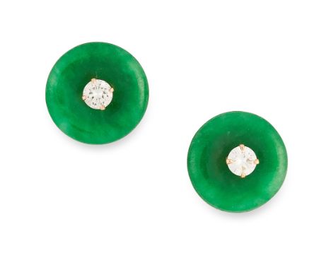 A PAIR OF JADEITE JADE AND DIAMOND STUD EARRINGS in 18ct yellow gold, each designed as a polished jadeite disc set at the cen