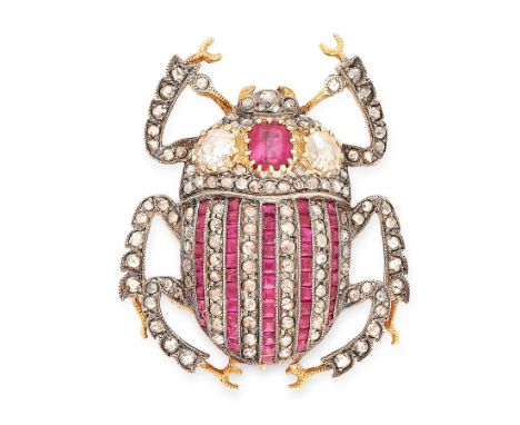 AN ANTIQUE RUBY AND DIAMOND BUG BROOCH, 19TH CENTURY in yellow gold and silver, designed as a beetle, set with an emerald cut