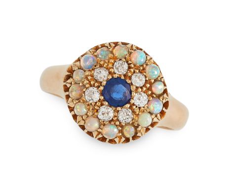 AN ANTIQUE SAPPHIRE, DIAMOND AND OPAL RING in high carat yellow gold, set with a round cut sapphire within concentric borders