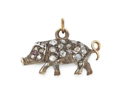 A RUBY AND DIAMOND PIGLET CHARM / PENDANT in yellow gold and silver, designed as a pig, jewelled with rose cut diamonds and r