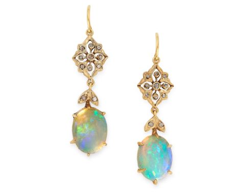 A PAIR OF OPAL AND DIAMOND DROP EARRINGS each set with an oval cabochon opal suspended below foliate motifs set with rose cut