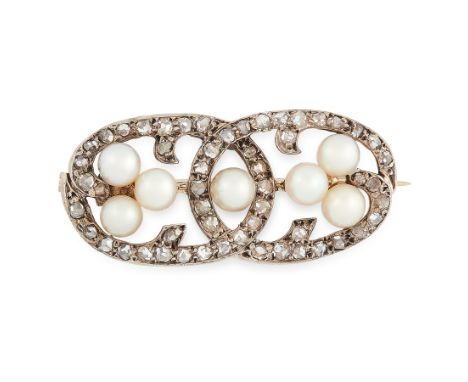 AN ANTIQUE PEARL AND DIAMOND BROOCH in yellow gold and silver, designed as two overlapping ovals, set with seven pearls withi