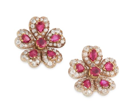 A PAIR OF ANTIQUE BURMA NO HEAT RUBY AND DIAMOND EARRINGS in yellow gold and silver, each designed as a flower, set with cush