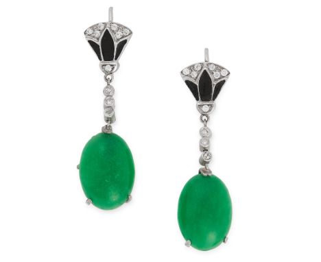 A PAIR OF JADEITE JADE, DIAMOND AND ENAMEL EARRINGS each set with an oval jadeite cabochon of 6.15 and 6.53 carats, suspended