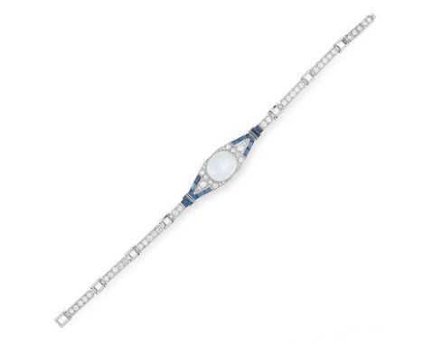 A MOONSTONE, SAPPHIRE AND DIAMOND BRACELET in platinum, set with an oval cabochon moonstone of 7.65 carats, accented by step 