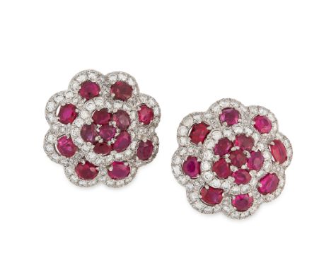 A PAIR OF BURMA NO HEAT RUBY AND DIAMOND EARRINGS in 18ct white gold and platinum, each of scalloped floral design set with a