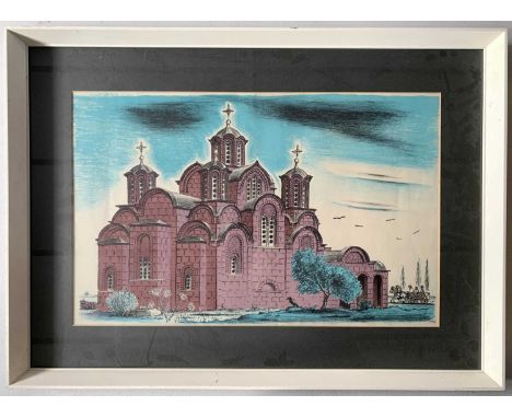 European School, contemporary, Church with nearby horse and cart travellers, lithograph in colours, unsigned, framed and glaz