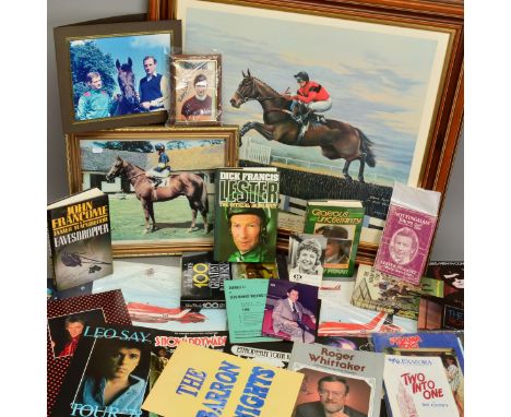 A COLLECTION OF HORSE RACING MEMORABILIA, to include signed copies of books by Lester Piggott, Dick Francis, Jenny Pitman, Jo